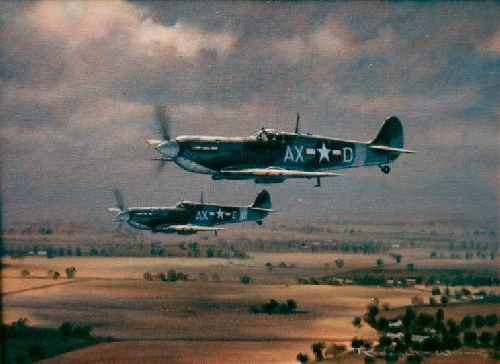 Spitfire Vs of the volunteer American Eagle Squadrons over Britain.