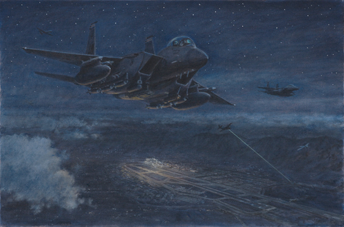 In the dead of night a pair of F15E Strike Eagles of the 494th FS provide cover for the C17s evacuating Hamid Karzai Airport, Afghanistan at the end of August, 2021.