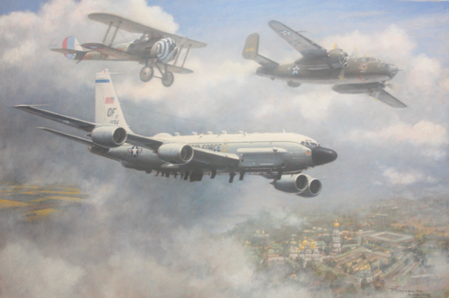 The 95th Reconnaissance Squadron celebrates its 105th Anniversary with a painting of its RC-135V/W overflying Ukraine.