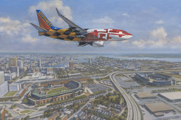 Boeing 737-700 "Maryland One" of Southwest Airlines overflies Baltimore on her landing approach